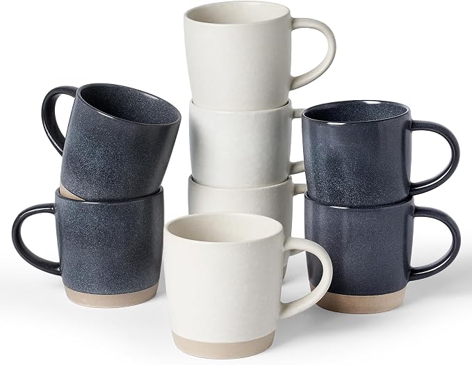 famiware Coffee Mugs Set of 8, Milkyway 13 oz Mug Set, Ceramic Cup Set with Handle for Coffee, Tea, Cocoa, Milk, Matte White + Matte Dark Charcoal by Famiware
