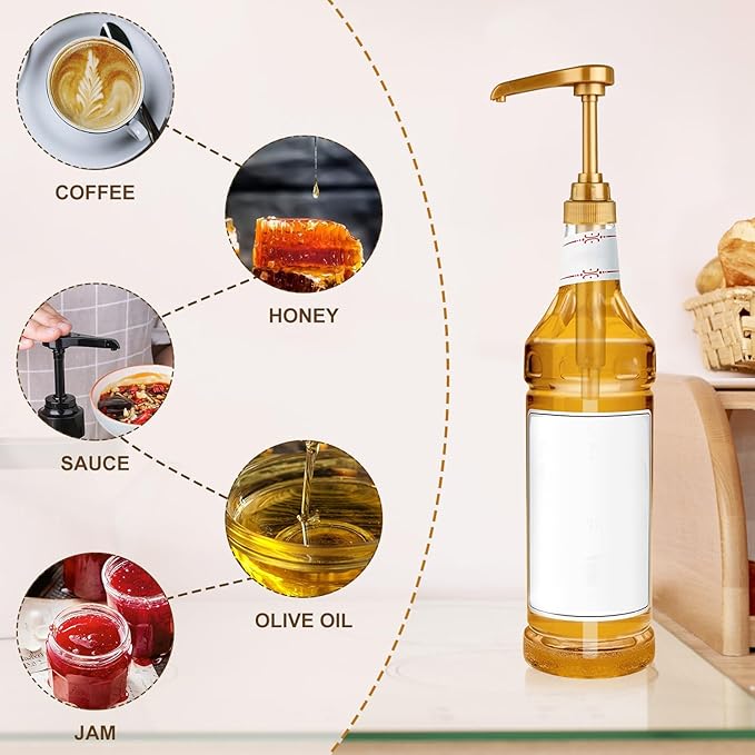 12 Pcs Syrup Pump, Gold Coffee Syrup Pumps with 20 Pcs Red Lid, Coffee Syrups Dispenser for Bottles, Drinks, Dessert, Tea(750 ML 25.4 OZ Bottles)