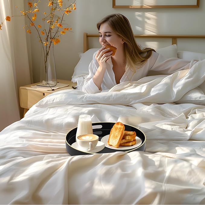 MAONAME 13" Black Decorative Tray, Plastic Round Serving Tray with Handles | Decorative Tray for Coffee Table, Modern Ottoman Tray, Circle Tea Tray, Round Melamine Tray for Living Room, Bathroom - Image 5