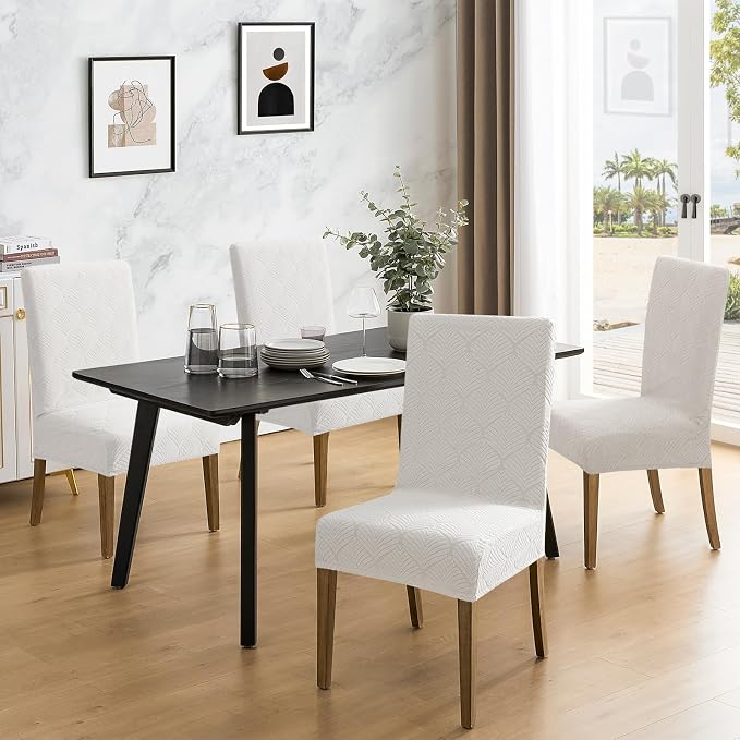 MOSAYT 100% Waterproof Dining Room Chair Covers Set of 6, Super Fit Stretch Jacquard Parson Chairs Slipcovers Removable Washable Chair Seat Protectors for Home, Kitchen, Banquet (White) - Image 2
