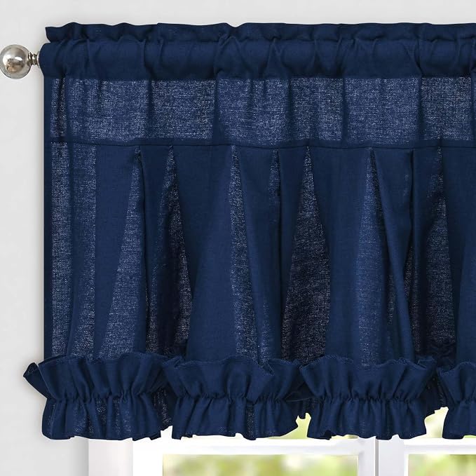 Likiyol Linen Valances for Windows Farmhouse Window Valances with Ruffle Rustic Country Light Filtering Kitchen Valance Curtains Rod Pocket Valance for Bathroom Cafe, Navy Blue, 52" W X 18" L - Image 9