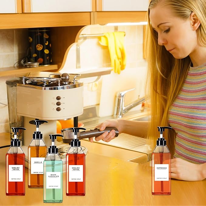 Nuogo 6 Pcs Coffee Syrup Dispenser Set 300ml, 500ml, 750ml Black Syrup Bottles with Pump Dispenser 27 Labels Kitchen Accessories(25.4 oz)