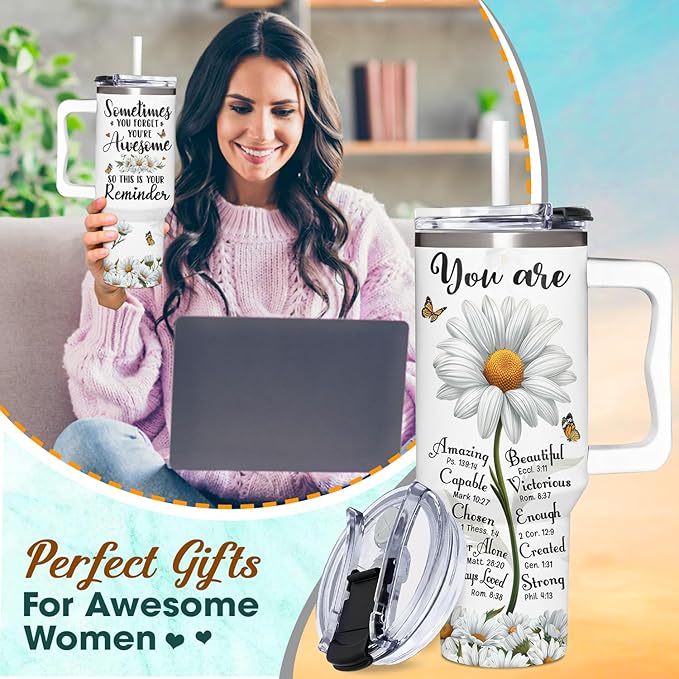 Christian Daisy Gifts for Women - Inspirational Faith Tumbler With Handle & Straw - 40Oz, Daisy Theme - Birthday, Mothers Day, Christmas