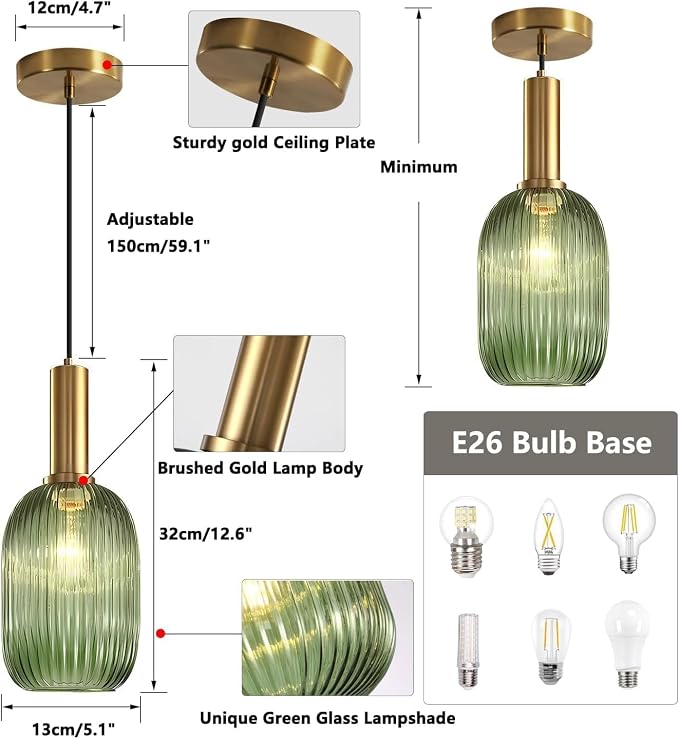 KCO 5.1” Mini Vintage Ribbed Glass Pendant Light Brass Gold Hanging Light | E26 Bulb Hardwired, Adjustable Cord Mid Century Modern Ceiling Lamp for Sloped Ceiling Kitchen Island Dining Room Bar Bedroom - Image 2