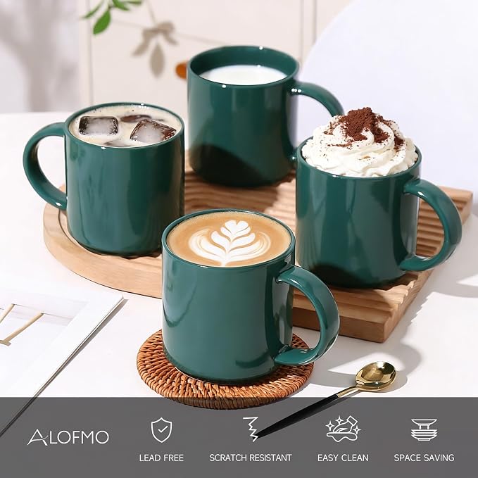 Coffee Mugs Set of 4, Stoneware Coffee Cups with Comfortable Handle, 16oz Ceramic Mugs for Kitchen & Office, Dishwasher & Microwave Safe - Green - Image 3