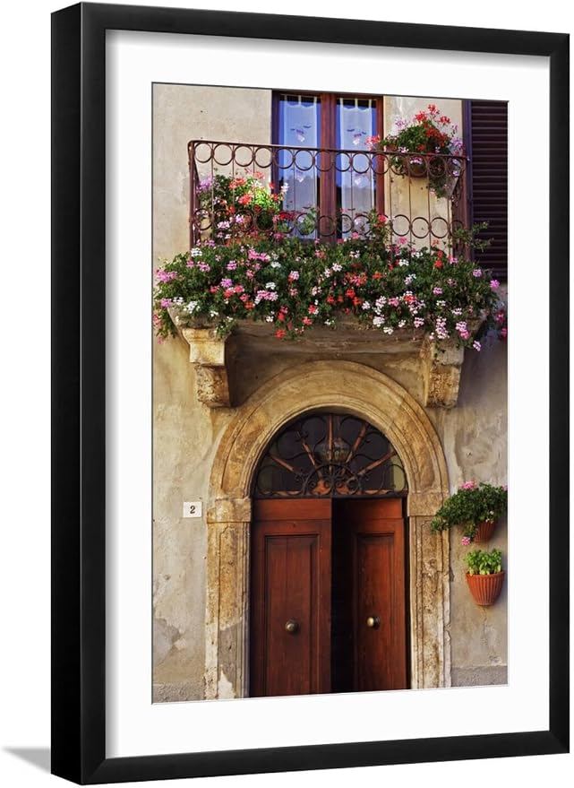 ART.COM Wall Photo Balcony Flowers and Doorway in Pienza Tuscany Italy on Black Frame by Julian Castle, 17" x 23" by ART