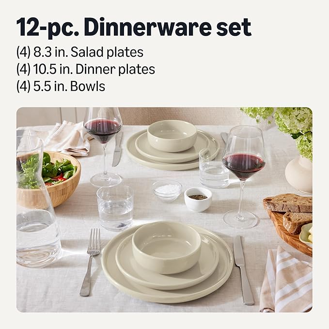 Amazon Basics Glazed Stoneware Dinnerware Set, Ceramic, Dishwasher-Safe, Freezer-Safe, 4 Full Place Settings, 12-Piece, Ivory - Image 2