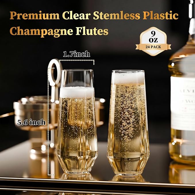 GuanQiao 24 Pack Stemless Plastic Champagne Flutes, 9oz Diamond Disposable Champagne Glasses, Heavy Duty Shatterproof Mimosa Glasses for Wine Tasting, Wedding, Bridal Shower, Party Supplies, Birthday - Image 2