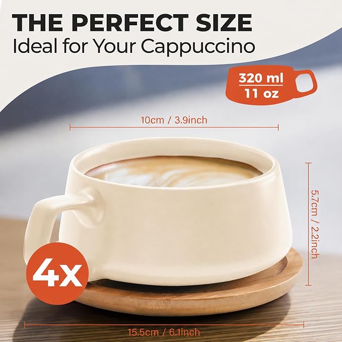 MIAMIO - Cappuccino Cup Set of 4, Ceramic, Wide (9.5oz) - Luxe (Cream Rose) | Ceramic cappuccino cups and saucers, wide latte cups and mugs for Americano, 4-piece set of ceramic cups, dishwasher safe - Image 6
