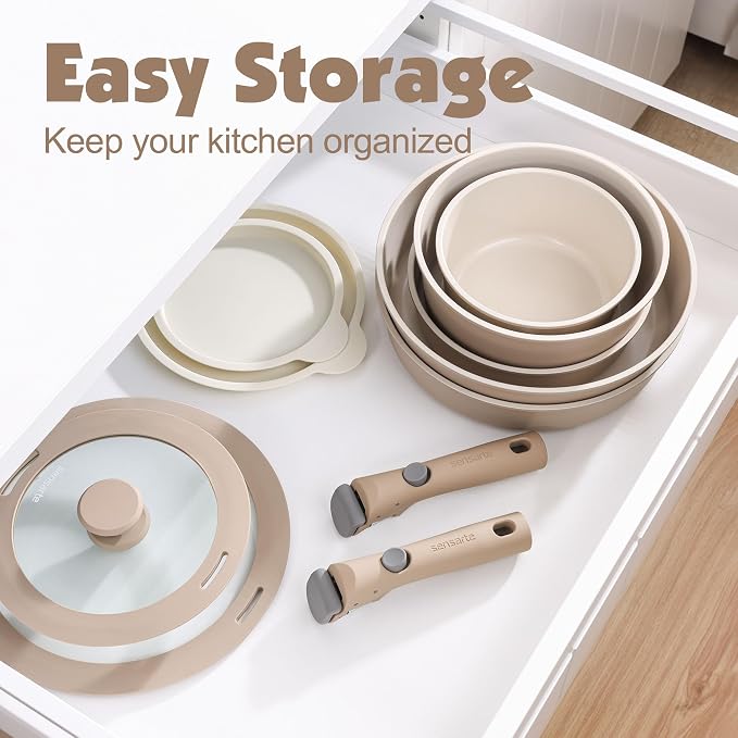 SENSARTE 24 Piece Ceramic Detachable Handle Pots and Pans Set Almond Beige | Ceramic Cookware Set, Induction Cookware Set with Removable Handle, Healthy Non Stick for RV, Dishwasher ＆ Oven Safe - Image 3