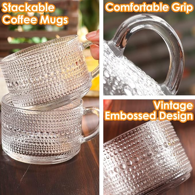 Vintage Glass Coffee Mugs Set of 4, 14 Ounces Embossed Glass Coffee Cups Stackable Coffee Mugs for Cereal, Yogurt, Latte, Clear Breakfast Cups with Handle for Hot or Cold Beverages (Beads*4) - Image 5