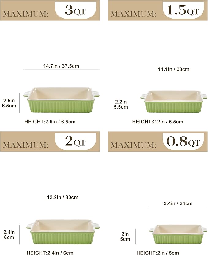 MALACASA Ceramic Baking Dishes Set of 4, Deep Casserole Dish, Green | Deep Lasagna Pans for Versatile Use, Durable Bakeware for Roasting Vegetable, Gift Set, Dishwasher Safe(9.4/11.1/12.2/14.7") - Image 2