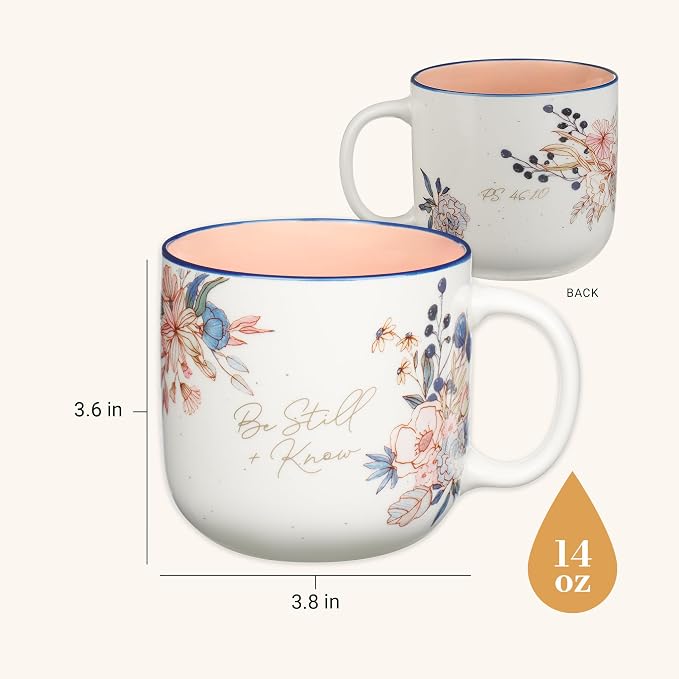 Christian Art Gifts Large Inspirational Ceramic Coffee & Tea Mug for Women: Be Still & Know Encouraging Bible Verse Psalm, Cute Novelty Non-toxic Sturdy Beverage Cup, White/Pink/Blue Floral, 14 oz. - Image 2