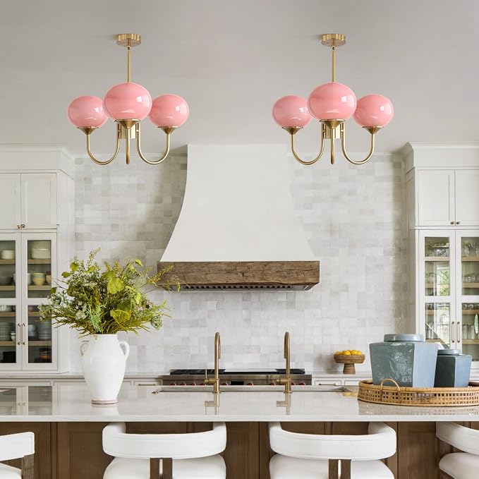 Pink Globe Chandelier for Girls Room Mid Century Modern 3 Light Pendant Lights Vintage Gold Semi Flush Dining Room Light Fixture Retro Pink Ceiling Lamp - Image 4
