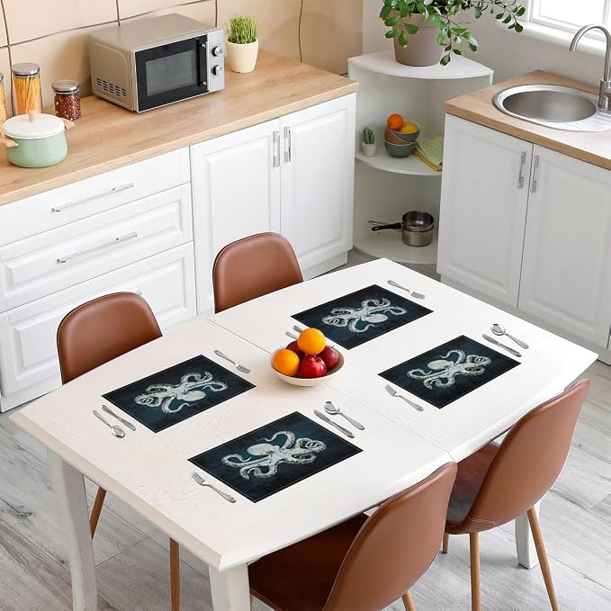 Feelyou Gray Blue Octopus Placemats Set of 4 12"x18" Tentacles Table Mats Placemat Room Decor Ocean Kraken Placemats for Dining Table Indoor Outdoor Kitchen Sealife Sea Animal Decor Table Place Mats - Image 3