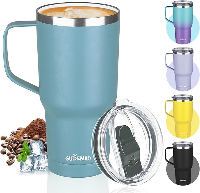 20 oz Insulated Coffee Mug with Ceramic Coating, Stainless Steel Travel Mug Tumbler with Handle Lid and Straw, Double Wall Leak-Proof Coffee Travel Mug Keeps Drink Hot and Cold (Lake Green) by GUDEMAO