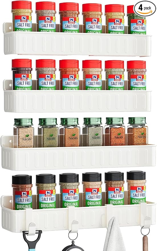 Nieifi Spice Rack Wall Mount, 4 Pack White, 2" Depth, Screw/Adhesive | Wall-Mounted with Removable Hooks Saves Counter Space, Fits 2" Deep Jars, Ideal for Kitchen Cabinets, Pantry Doors, and RVs. by Nieifi