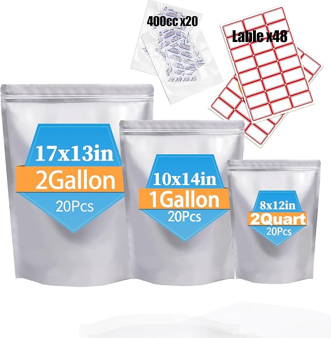 60PCS 10"X14" 8"X12" 13"X17" Mylar Bags for Food Storage with Oxygen Absorbers&Lables,10 Mil Thick Resealable Stand-Up Zipper&Heat Sealable Bags for Long Term Food Storage,Dried Food by NexLevVac