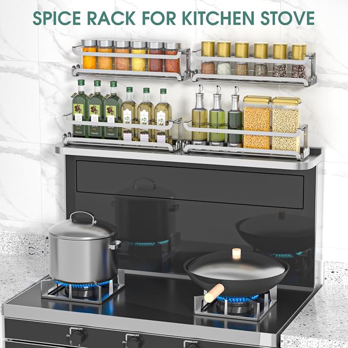 LUCYCAZ 4 Pack Wall Mounted Spice Rack for Kitchen Cabinet,RV,Camper,Sliver | 16 Metal Hooks, Space-Saving,Screw or Adhesive Spice Shelf Hanging,for Pantry Door Spice Jars & Seasonings,11.41×2.75×2.36in - Image 8