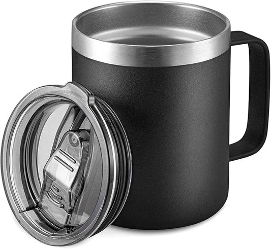 12 oz Insulated Travel Coffee Mug with Handle, Black | Stainless Steel Coffee Tumbler with Lid, Double Wall Vacuum Thermal Cup for Camping by ALOUFEA