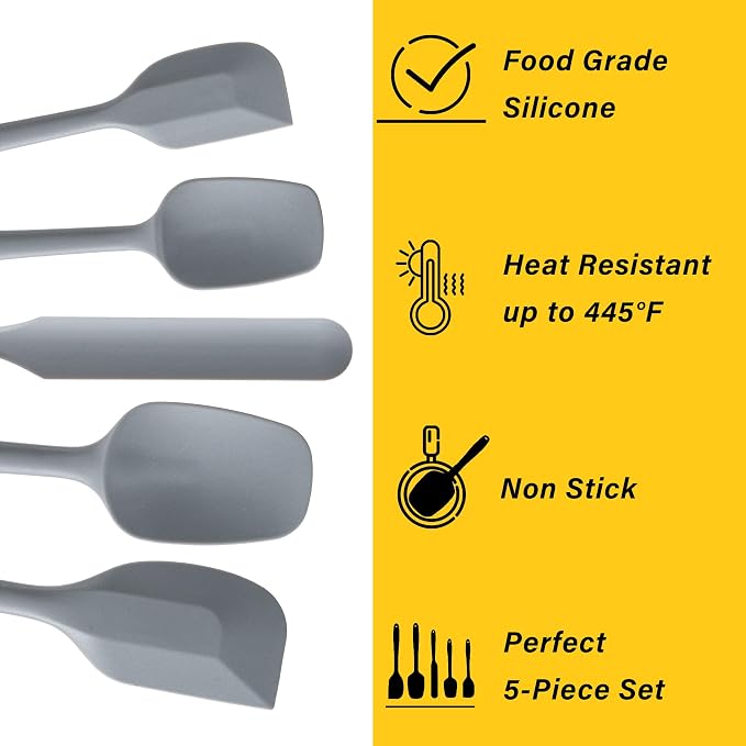Silicone Spatula Set,5 Piece Food Grade Rubber Spatulas,Grey | Spatulas Silicone Heat Resistant for Baking,Cooking,and Mixing High Heat Resistant Non Stick Dishwasher Safe BPA-Free - Image 3