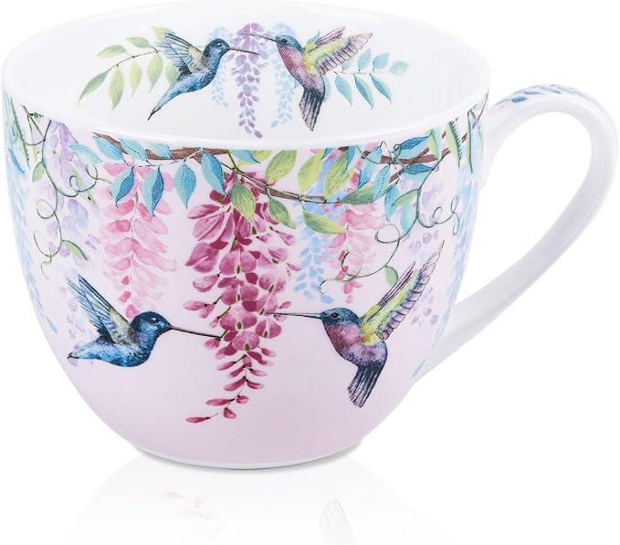 Spring Hummingbird Hug Mug - 20oz Pink Bone China Coffee Tea Mug with Floral Vine & Fluttering Hummingbirds, Thoughtful Gifts for Mom Women Mothers Day, Designed in England by Harvest Green Studio by MFoffice