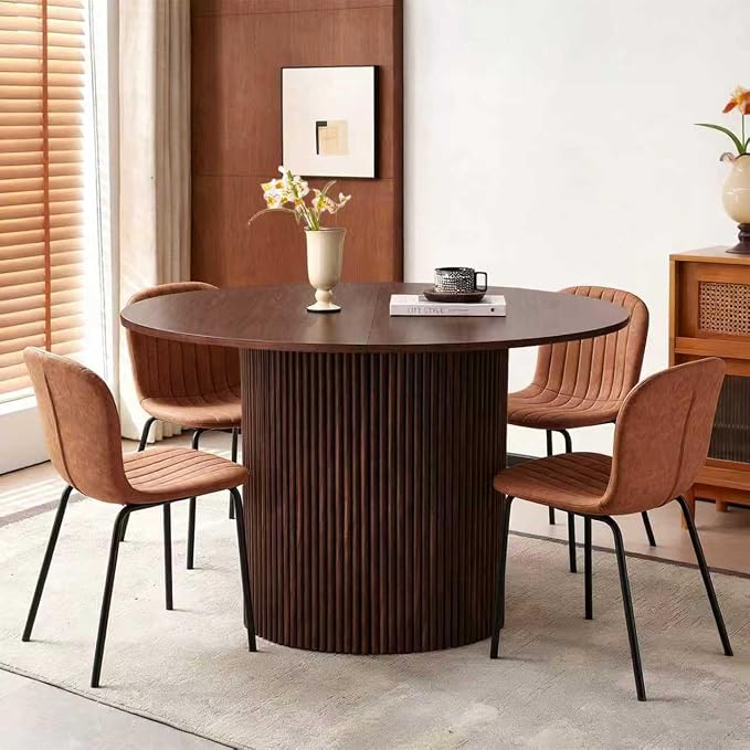 Round Dining Table Set for 4, Mid Century Modern Wooden Kitchen Table and Chairs, Space-Saving Small Dinette Set (47 Inch Walnut Table+4 Brown Chairs) - Image 5