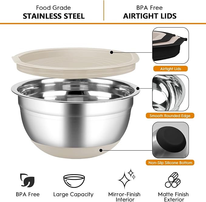 Mixing Bowls with Airtight Lids, 18pcs Stainless Steel Mixing Bowls Set | Nesting Non-slip Silicone Bowls Bottom, Size 4.5, 3.6, 2.7, 2.1, 1.7, 1.1, 0.7 qt, Fit for Mixing & Serving(Khaki) - Image 2
