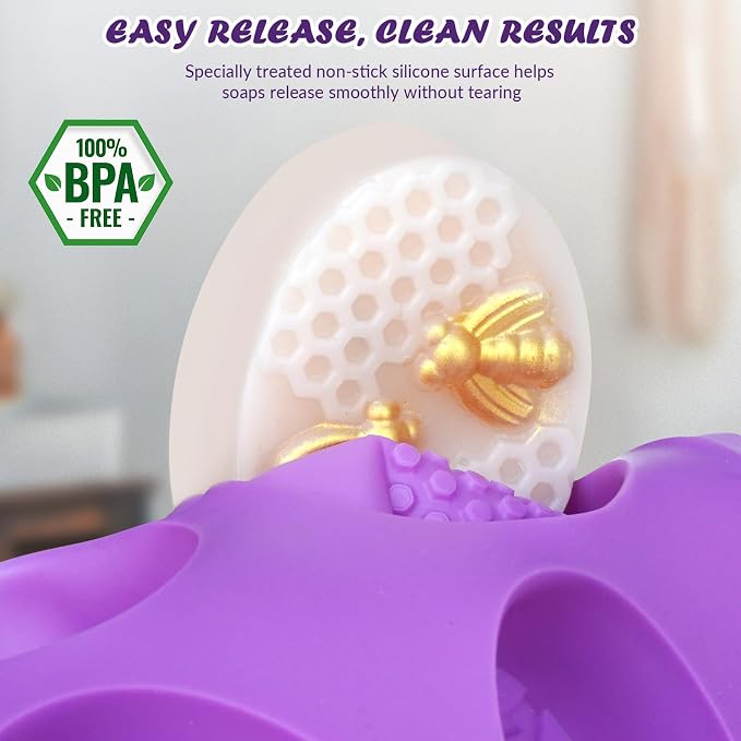 HKNMTT Silicone Bee Honeycomb Flower Oval Bar Molds, 6 Shapes 12 Cavities for Candy Soap Making Shower Steamer Homemade Bath Bomb Lotion Shampoo Bar Dessert DIY Set Non-stick Craft Food Grade 2 Pack - Image 4
