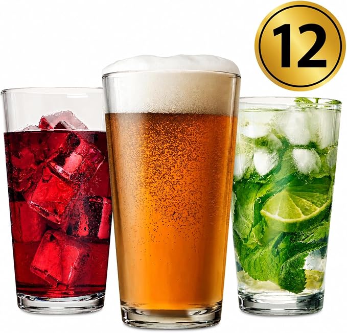 Drinking Glasses Set of 12-16 oz Glass Cups - Pint & Beer Glasses - Dishwasher Safe Water Glasses - Highball Tumblers - Image 2