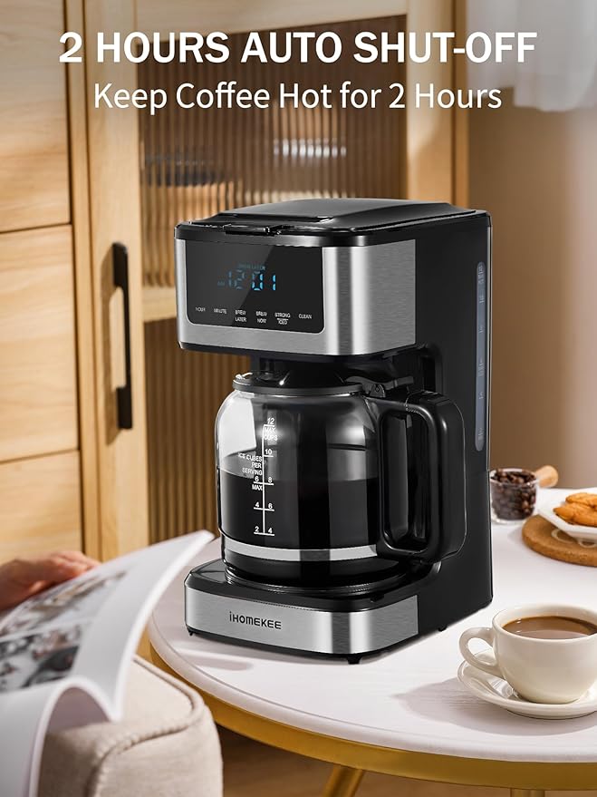 Ihomekee Coffee Maker, Programmable Drip Coffee Machine 12 Cup | Regular & Strong Brew Model, Iced Coffee Function for Home and Office, Black & Stainless Steel (Black,Silver) - Image 3