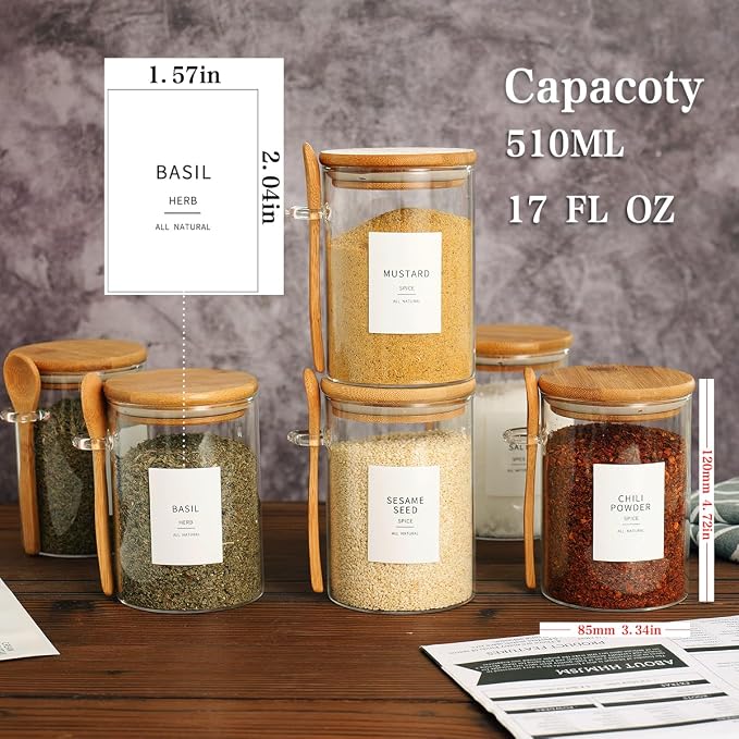 HHMJSM 6 Pcs Glass Jar with Bamboo Lid and Spoon - 17 oz Large Sugar Container with 148 Kitchen Pantry Spice Jar Labels Preprinted - Glass Containers with Wooden Lids Hold Coffee, Tea, Candy - Image 5