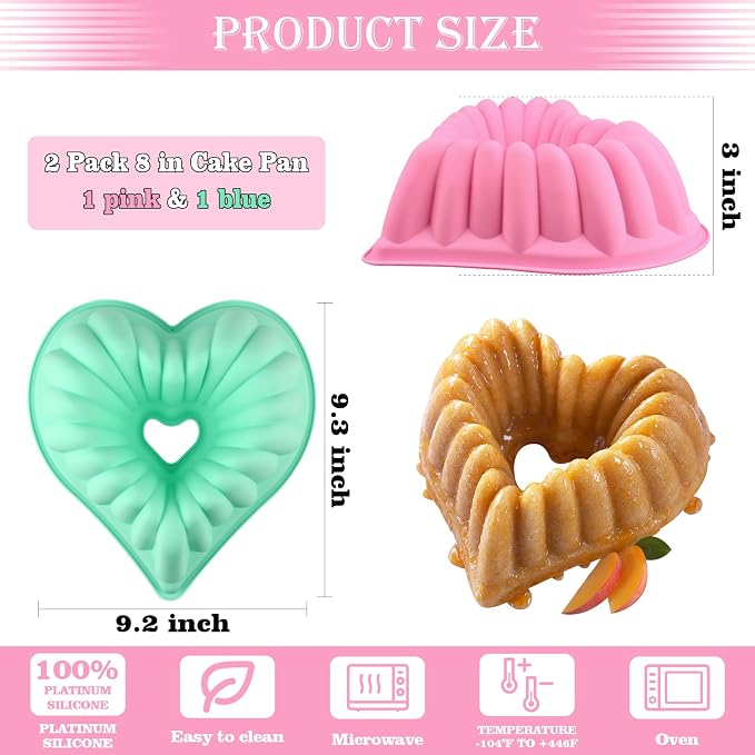 HUAKENER 2 Pack Heart Fluted Cake Pan, 9 Inch Heart Cake Molds | Nonstick Silicone Cake Molds, Food Grade Silicone Material, Heart Molds for Making Cake for Birthday,wedding,Valentine's Day - Image 3