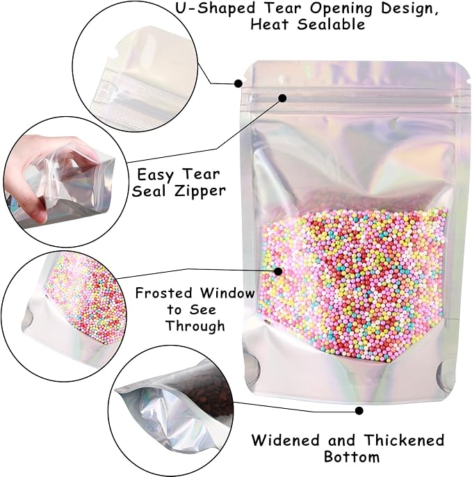 150 Pcs Mylar Bags for Food Storage, 7x10 Mylar Bag with Window Stand Up, Large Holographic Resealable Bags Smell Proof Bag Food Packaging for Small Business Freeze Dried Candy Jewelry Foil Packaging - Image 2