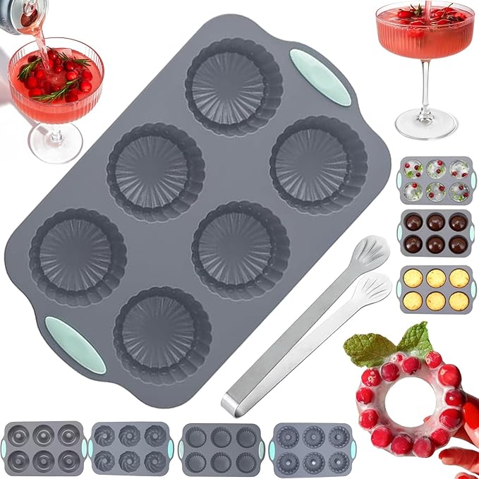 Wreath Ice Mold, Christmas Ice Cube Molds, Silicone Wreath Ice Cubes Tray, 6 Hole Silicone DIY Mold Suitable, Flexible Silicones Easy Release, for Holiday Cocktails/Chocolate/Desserts (D)