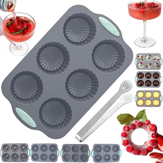 Wreath Ice Mold, Christmas Ice Cube Molds, Silicone Wreath Ice Cubes Tray, 6 Hole Silicone DIY Mold Suitable, Flexible Silicones Easy Release, for Holiday Cocktails/Chocolate/Desserts (D)