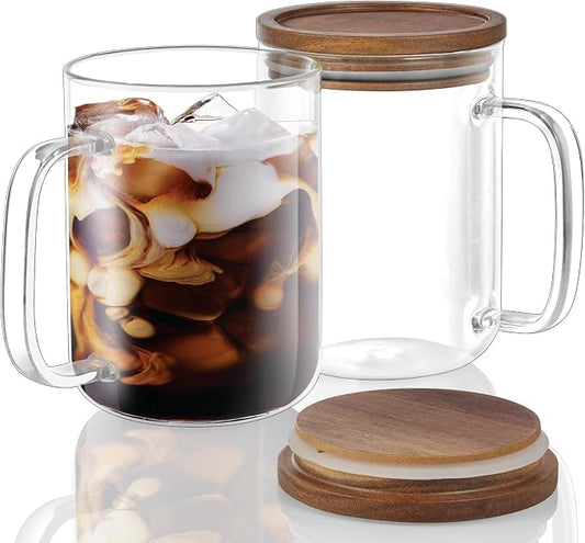 DRASTAR Glass Coffee Cups,12 oz Clear Coffee Mugs with Acacia Wood Lid,Flat Bottomed Coffee Mug with Handles,Tea Cup Set of 2 by EnhanceYourDailyLife