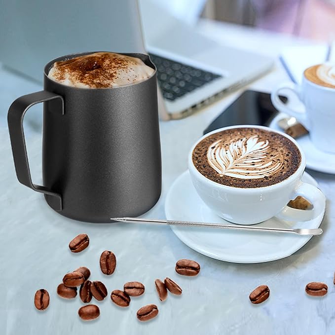 Milk Frothing Pitcher,Milk Steaming Frother Cup,Barista Cappuccino Latte Art Milk Jug with Decorating Pen,Stainless Steel Espresso Coffee Bar Accessories Tools (Black, 12oz)