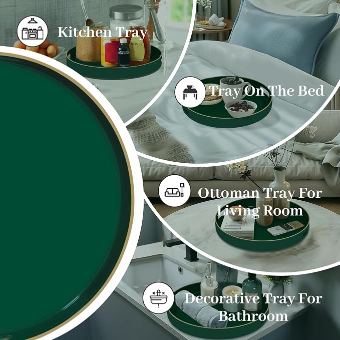 MAONAME 13" Dark Green Decorative Tray, Round Serving Tray with Handles | Plastic Decorative Tray for Coffee Table, Modern Ottoman Tray, Circle Tea Tray, Round Melamine Tray for Living Room, Bathroom - Image 7