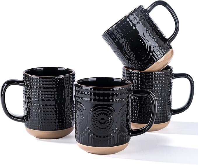GBhome Large Coffee Mugs Set of 4, 16oz Handmade Stoneware Coffee Mugs Set with Large Handle for Cappuccino/Latte/Tea/Hot Cocoa, Dishwasher & Microwave Safe, Black by GBhome