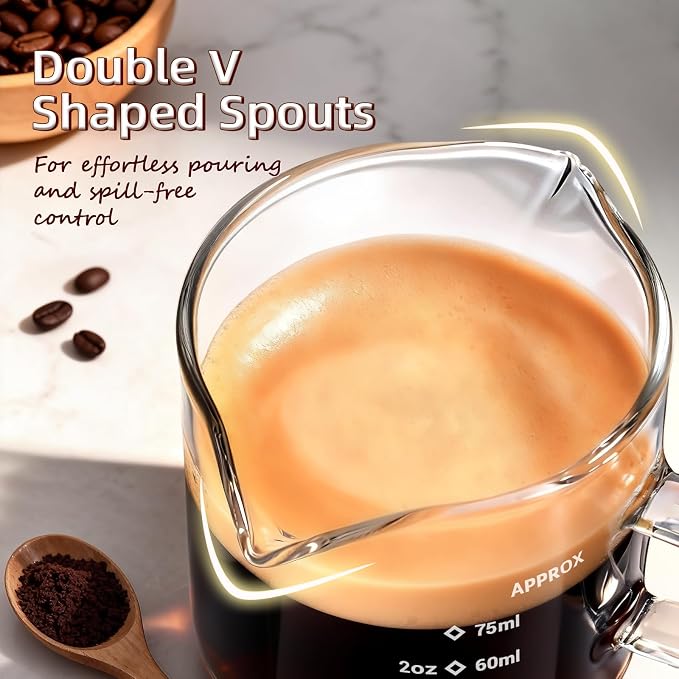 Espresso Cups Set of 2: Espresso Machine Accessories - Dual Scale Glass Measuring Cup and Espresso Shot Cups - Essential Coffee Bar Accessories - 4oz Glass Espresso Cup Set with Handled and Spout - Image 3