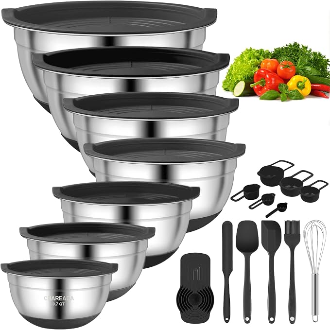 Mixing Bowls with Airtight Lids, 18pcs Stainless Steel Mixing Bowls Set | Nesting Non-slip Silicone Bowls Bottom, Size 4.5, 3.6, 2.7, 2.1, 1.7, 1.1, 0.7 qt, Fit for Mixing & Serving(Black) by CHAREADA