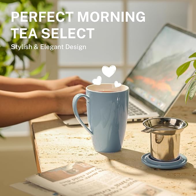 Sweese 15 OZ Porcelain Tea Mug with Infuser and Lid, Loose Leaf Tea Cup, Gifts for Tea Lover, Bluish Grey - Image 5
