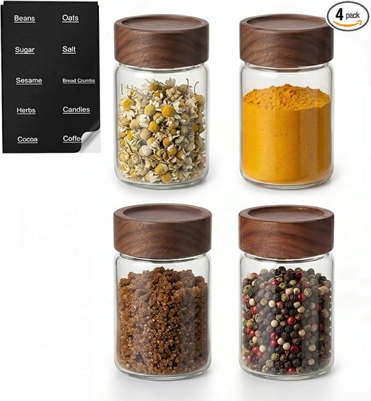 4 Pack 8 oz Glass Spice Jars with Wooden Lids, Tall Small Mason Jars with Airtight Acacia Wood Lid, Empty Clear Containers for Herb, Seasoning, Sprinkles & Pantry Organization by Kalnsa