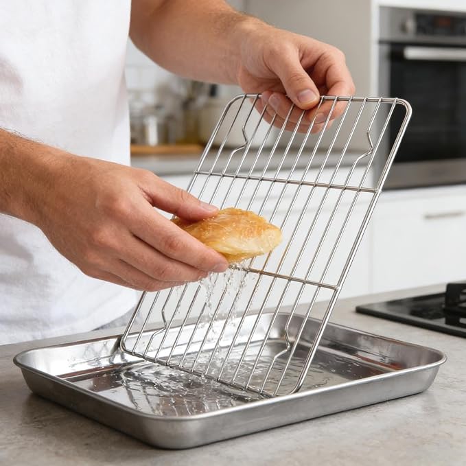 Stainless Steel Baking Sheet with Non-Stick Coating, Stackable Wire Rack for Indoor Outdoor Cooking, Baking, Grilling, Airflow Circulation Rack, Square Baking Tray for Cookies, Pastries, Vegetables - Image 2