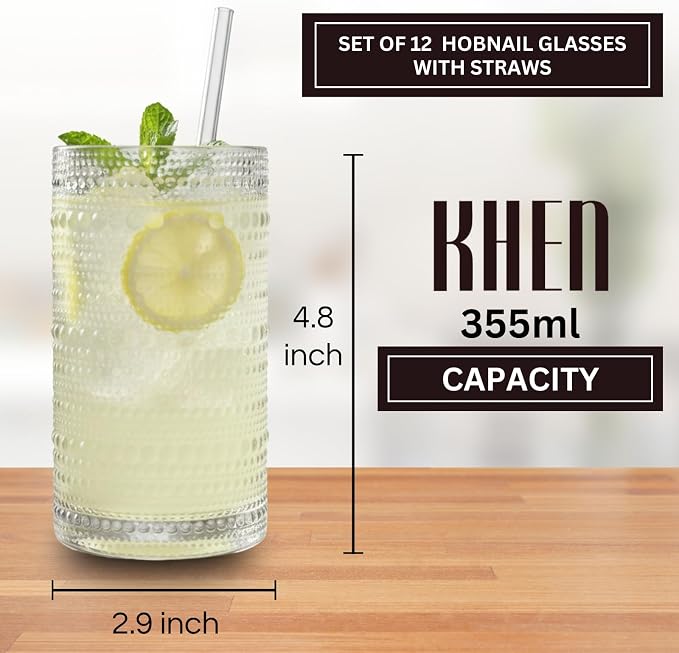12-Piece Hobnail Drinking Glasses Set, 12 oz Large Vintage Highball Glassware with Straws, Heavy Textured Beaded Tall Tumblers for Water, Juice, Soda & Cocktails, Clear Retro Barware, Dishwasher Safe - Image 2