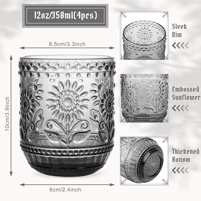 Topsky Vintage Drinking Glass Set of 4,12 oz Embossed Floral Drinkware Set,Gray Drinking Glasses Cups Wine Glasses Colored Glassware for Whisky,Beer,Juice,Cocktail,Heavy Duty - Image 4