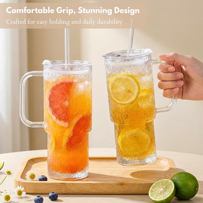 20 oz Glass Tumbler with Lid and Straw, Glass Iced Coffee Cups, Spill-proof Glasses Tumbler with Handle, Hobnail Glasses Drinking Set of 2, Vintage Glassware for Cocktail, Juice, Smoothies - Image 9