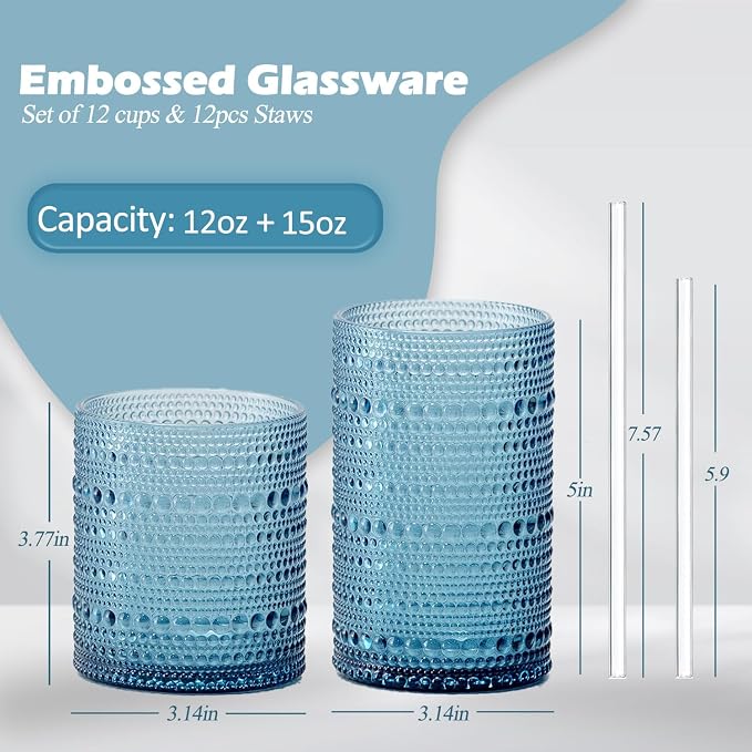 Hobnail Drinking Glasses with Straws, 15oz&12oz Vintage Glassware Set of 12, Blue Hobnail Glassware Embossed Vintage Water Cups, Highball Glasses for Cocktail,Whiskey,Beer and Juice - Image 3