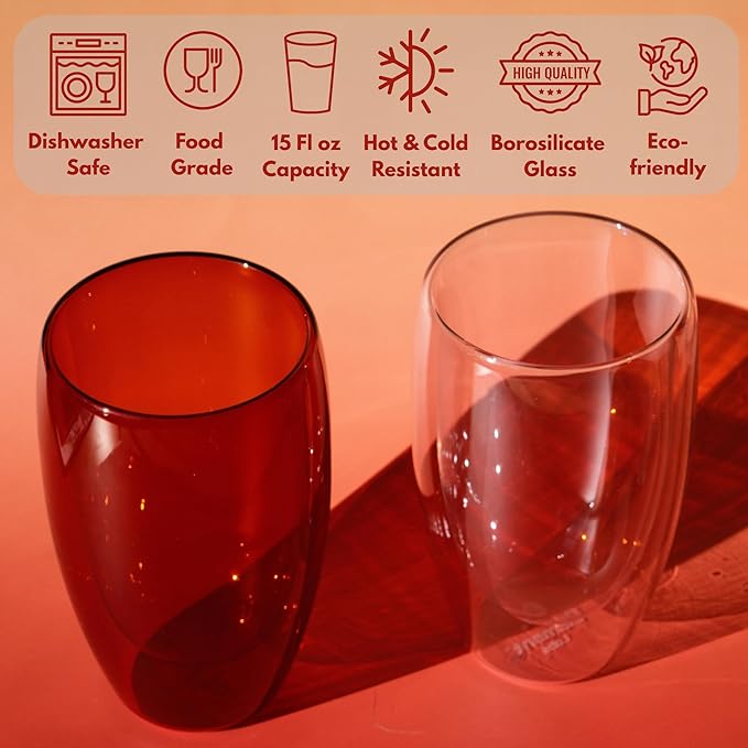 Double Wall Glass 15oz Insulated Glass Mug for Hot Beverage Coffee Tasting Christmas Drinks Home Café Cozy Nights Holiday Gifts Set in Amber Brown/Rose Pink